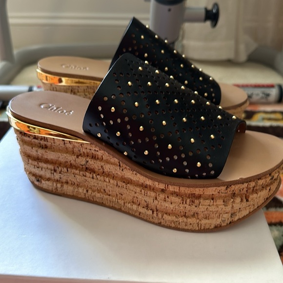 Chloe black studded platform cork wedge - Picture 2 of 3